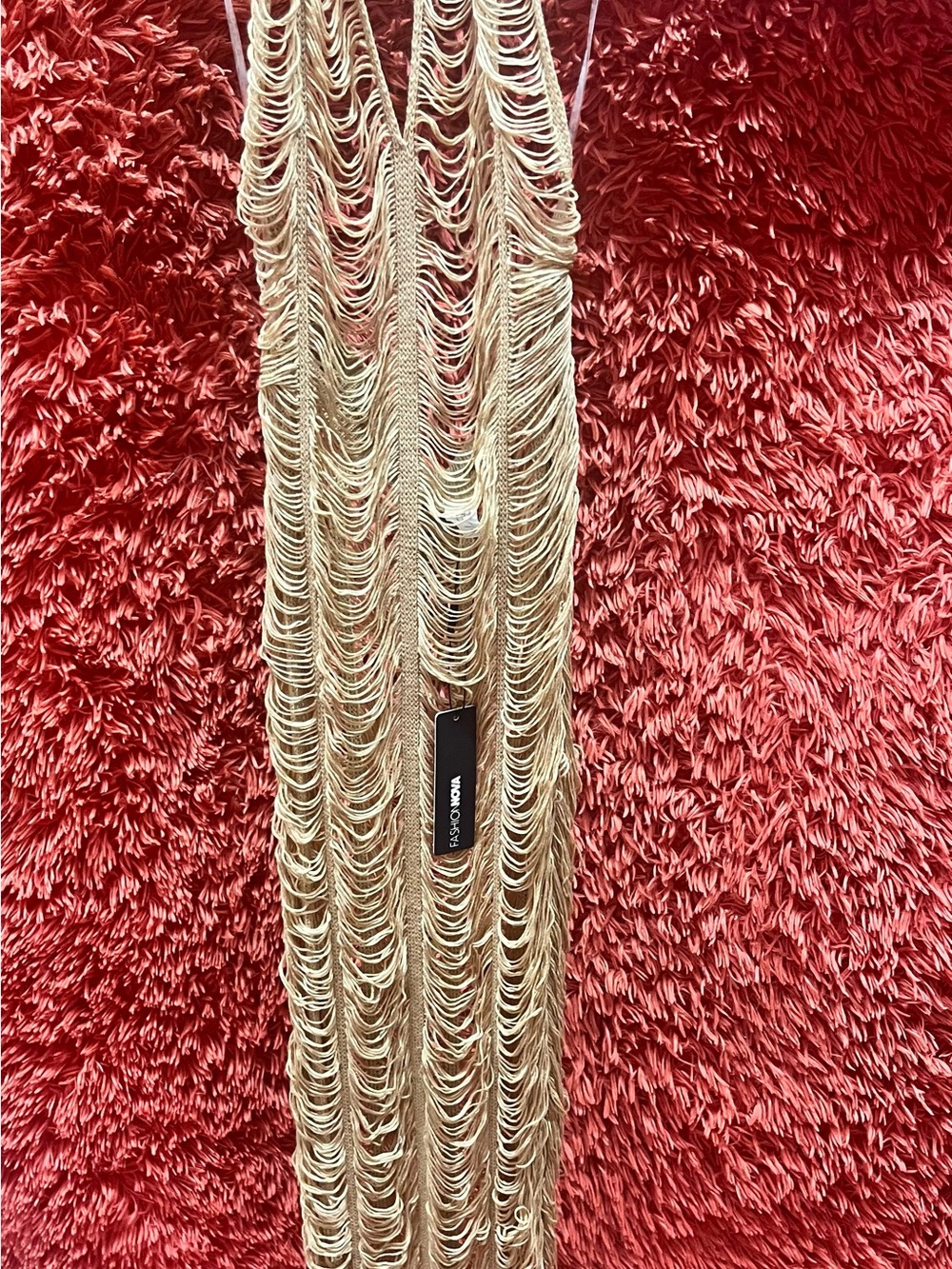 Fashion Nova Metallic NudeGold Layered Fringe Halter Swim Dress Size Medium NWT